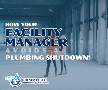 Branded image of a warehouse with the facility manager avoiding a plumbing shutdown.